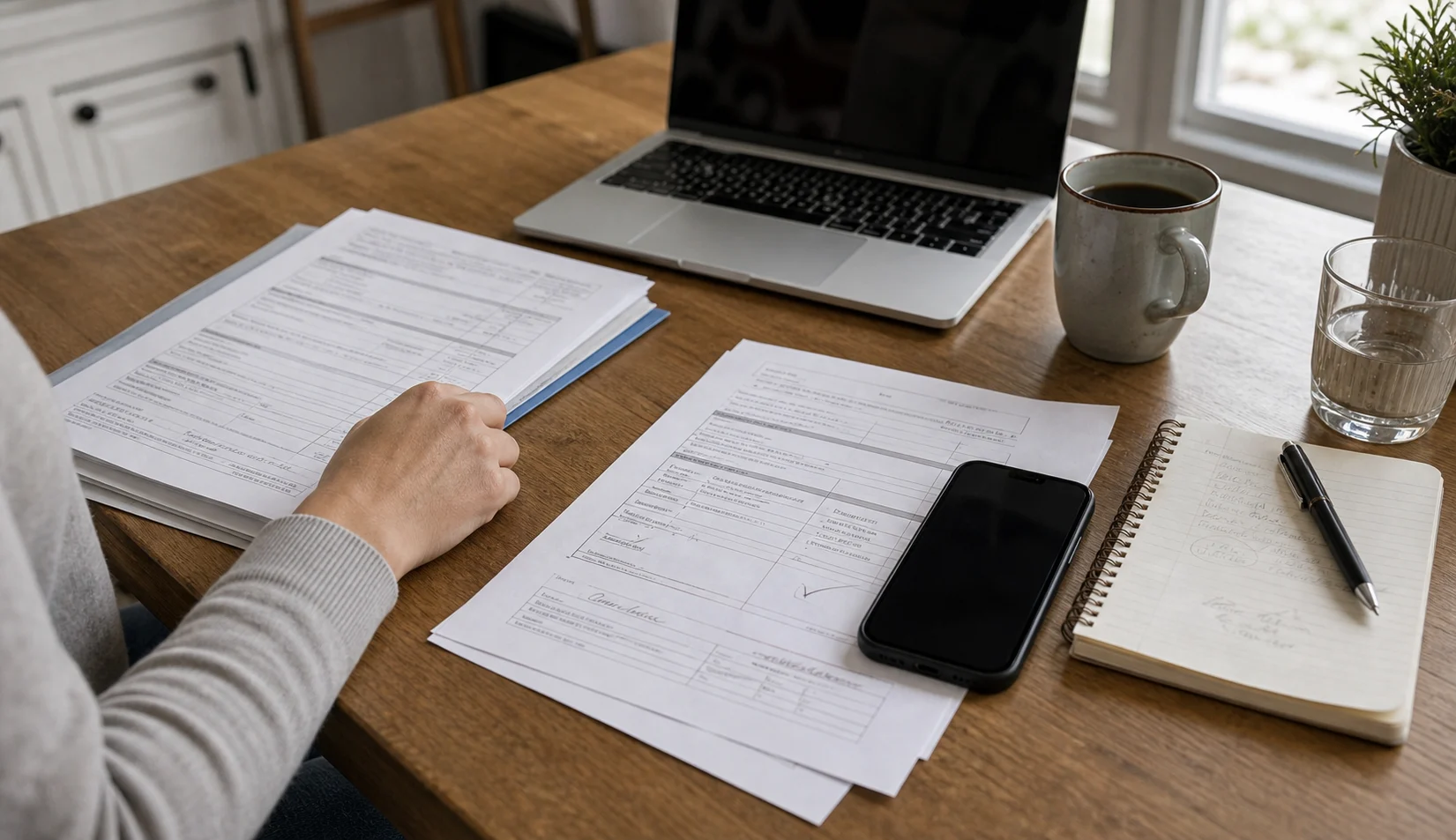 A person comparing mobile fax options while reviewing a paper document