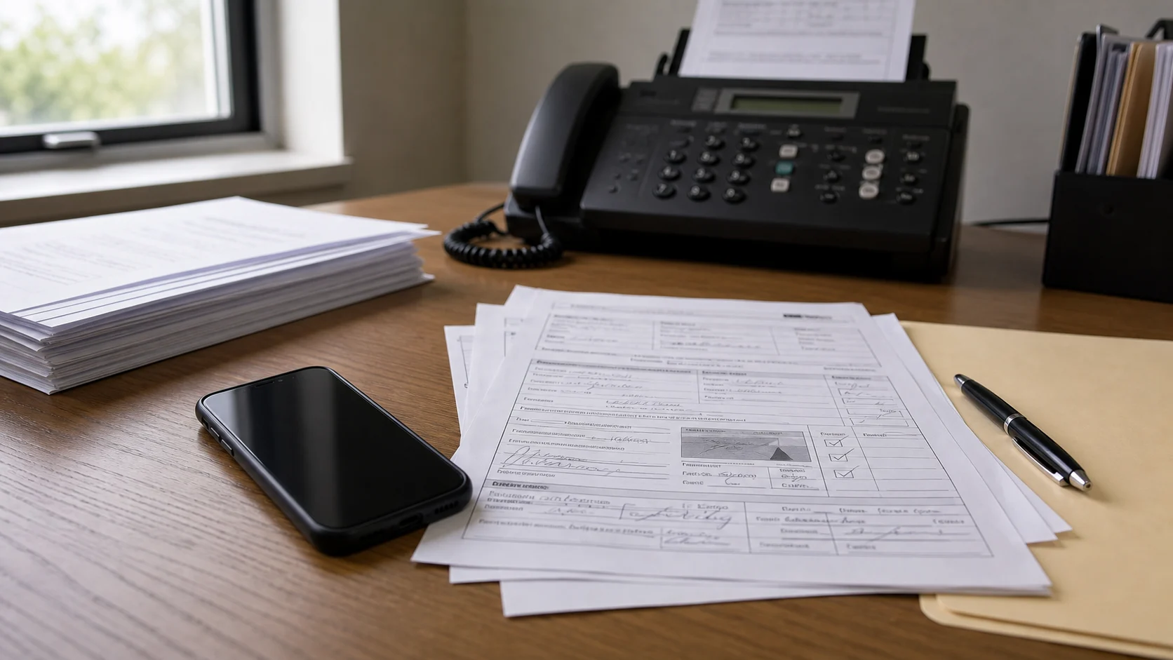 A smartphone, paper forms, and a fax machine arranged on an office desk