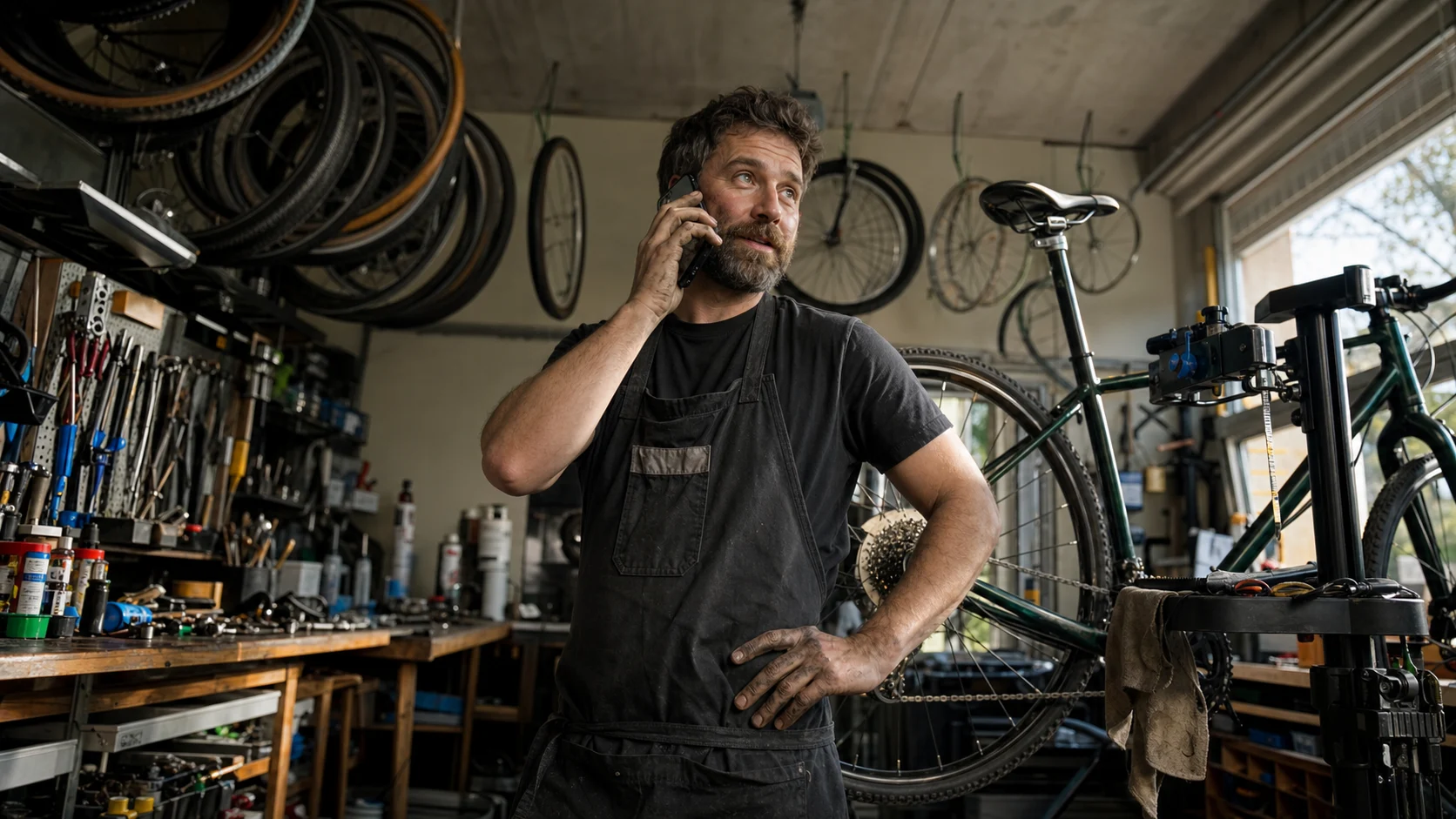 A bicycle shop owner taking a customer call on a dedicated work number
